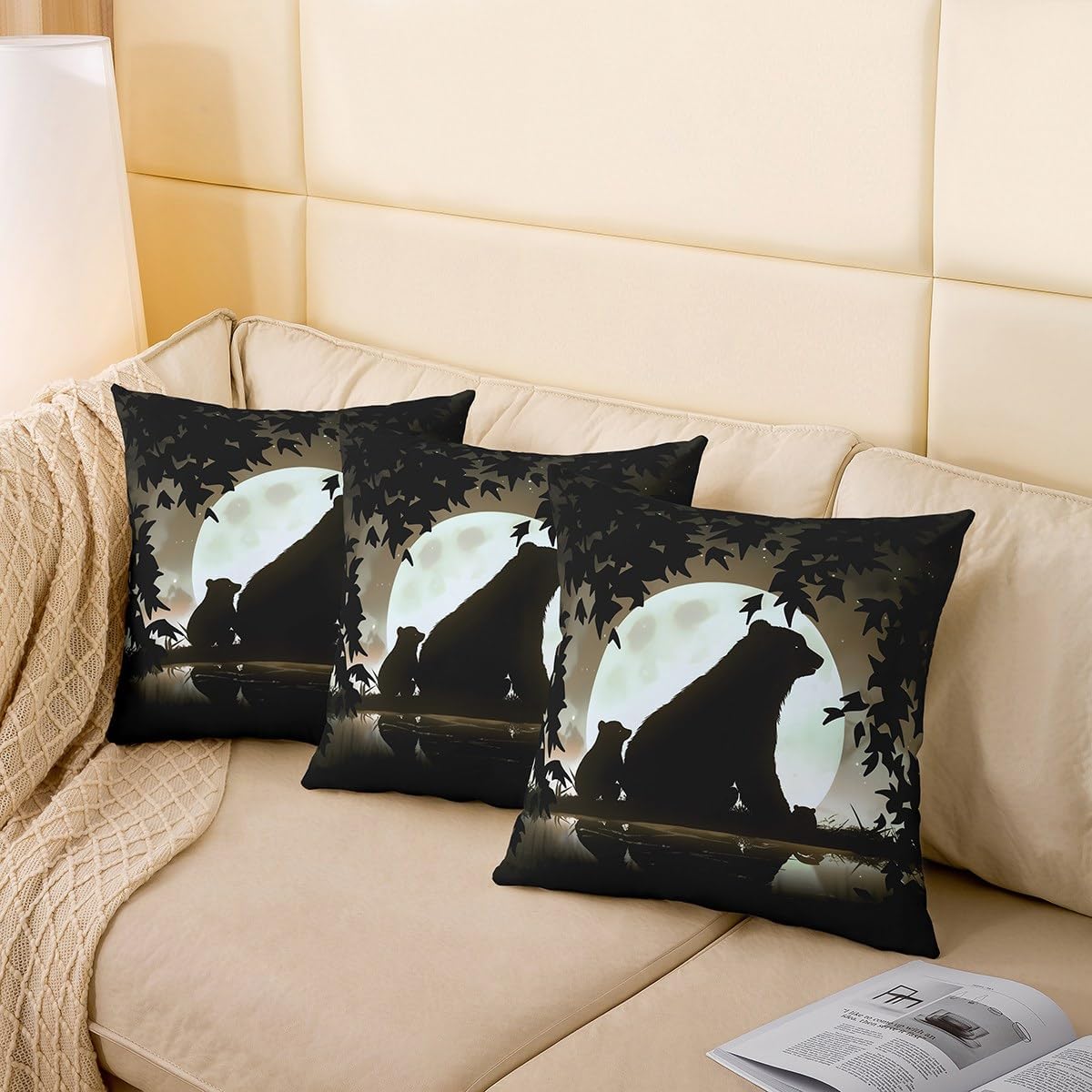 Bear Throw Pillow Covers 24"x24" Set of 2 Soft Western Jungle Wildlife Animal Cushion Covers for for Couch Sofa Bedroom Car Rustic Cabin Country Nature Leaves Moon Tree Outdoor Pillow Covers, Black