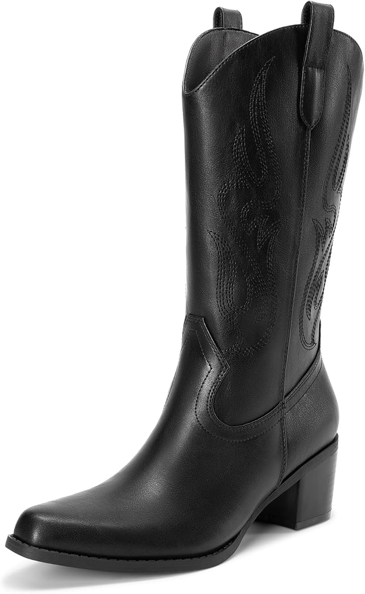 Amazon.com | DREAM PAIRS Women's Square Toe Cowboy Cowgirl Boots Embroidered Mid Calf Western Boots Fashion Dress Low Chunky Heel Boots for Theme Party Country Concert,Size 8.5,Black-Pu,DWUMMB2502 | Mid-Calf