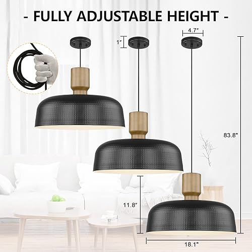 Miniatura 3 de Darkaway Lámpara colgante industrial grande de 18.1 pulgadas con pantalla de metal martillado, iluminación colgante de gran tamaño negro para isla