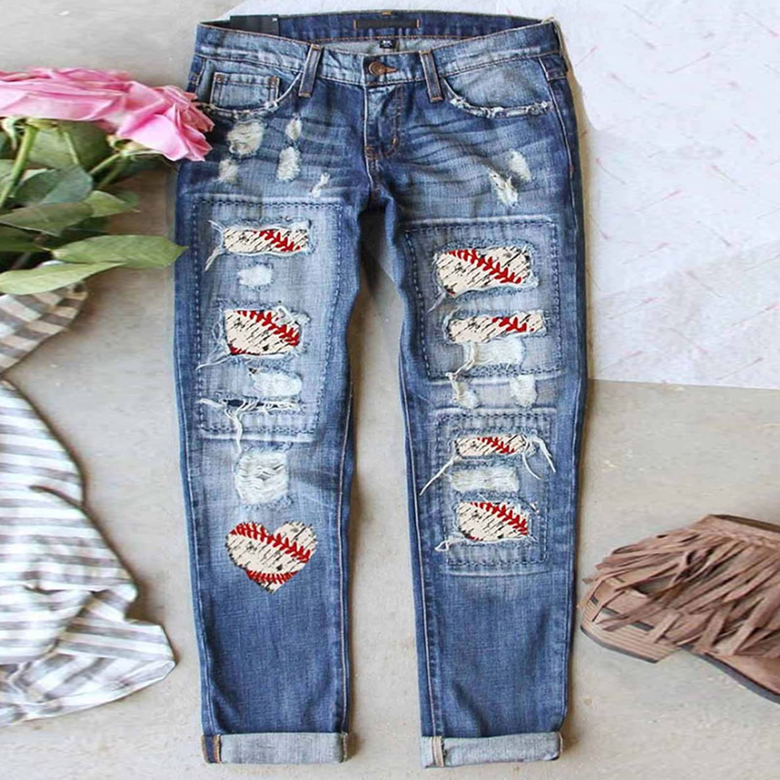 Generisch Krótkie dżinsy damskie skinny jeans damskie z wysokim stanem, Baggy Jeans Y2k, z brokatem, w stylu vintage, odpowiednie do podróży