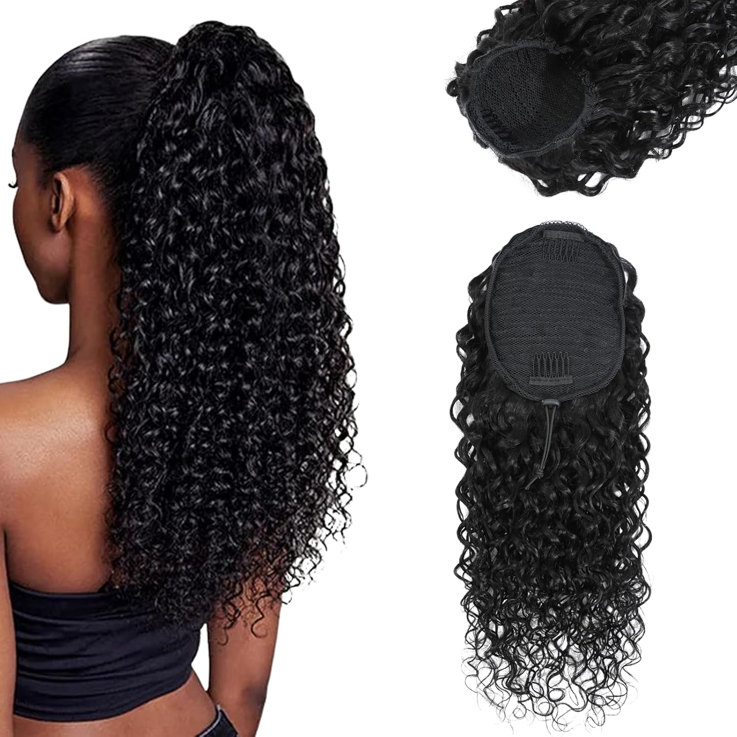 Water Wave Drawstring Ponytail Brazilian Remy Human Hair Ponytail Extensions for Black Women Ponytail Extension Human Hair Pieces Natural Black 16 Inch