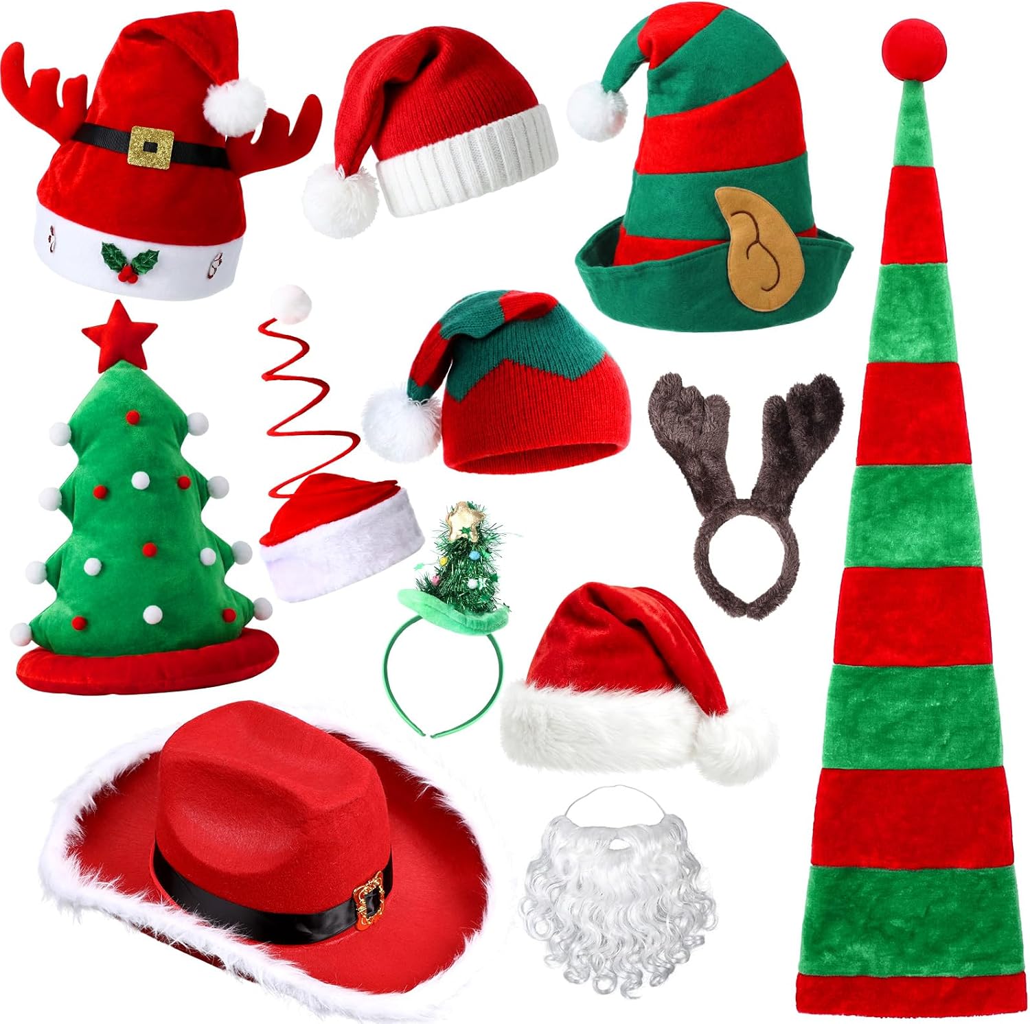 12 Pcs Funny Christmas Santa Hat Unisex Novelty Long Christmas Tree Elf Pants Hat Crazy Plush Holiday Photo Booth Props Headwear for Women Xmas Costume Accessory Party Supply Decoration