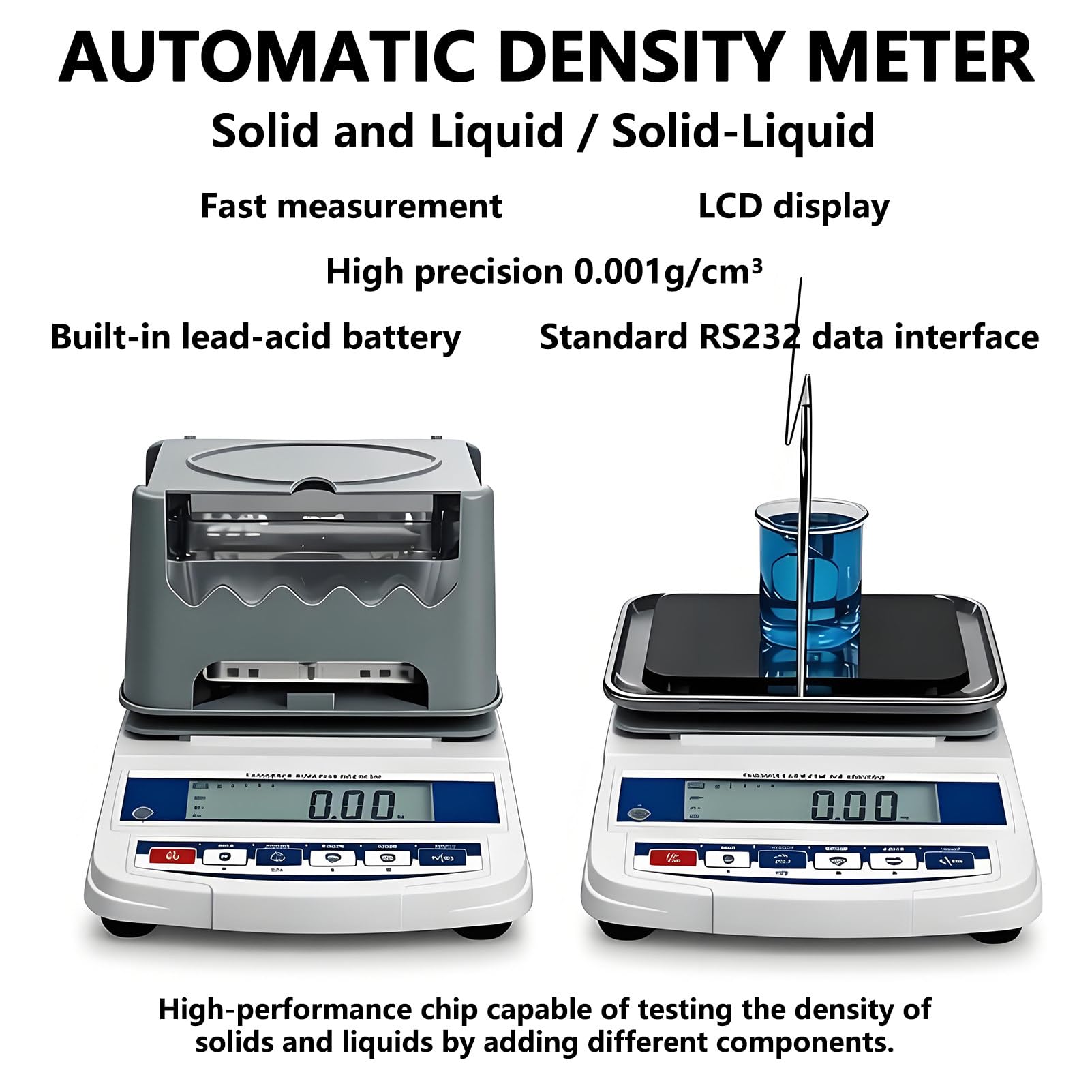 Densímetro Electrónico Digital para Sólidos y Líquidos, Medidor de Densidad de Oro de Prueba no Destructiva 0,001 g/cm³ con Pantalla LCD, Analizador de Metales para Laboratorio 0.005g-320g