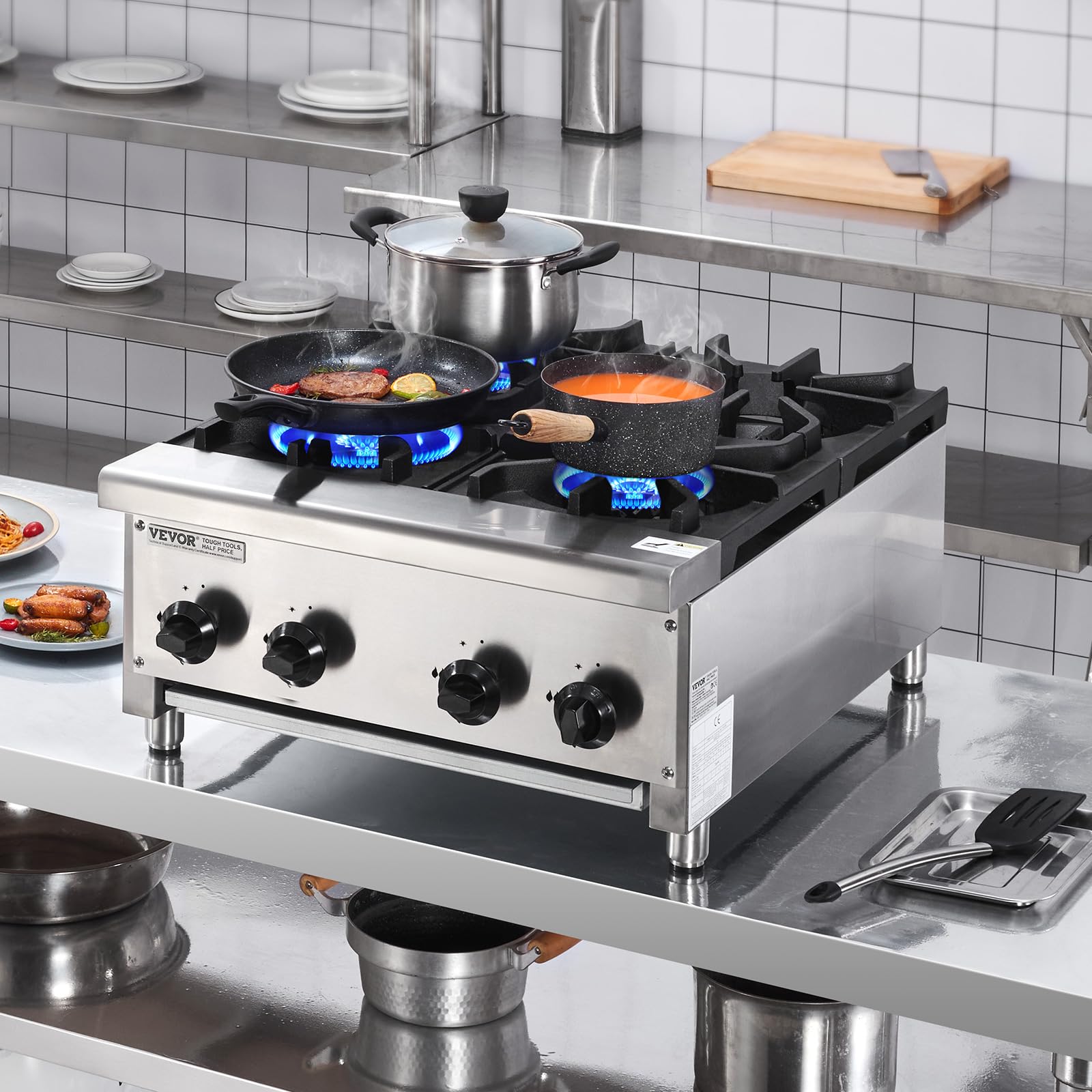 VEVOR Cuisinière à Gaz Commerciale avec 4 Brûleurs, Plaque de Cuisson de Comptoir au Propane et au Gaz Naturel, 28 kW, en Acier Inoxydable, Équipement de Cuisson Commercial pour Restaurant Domicile