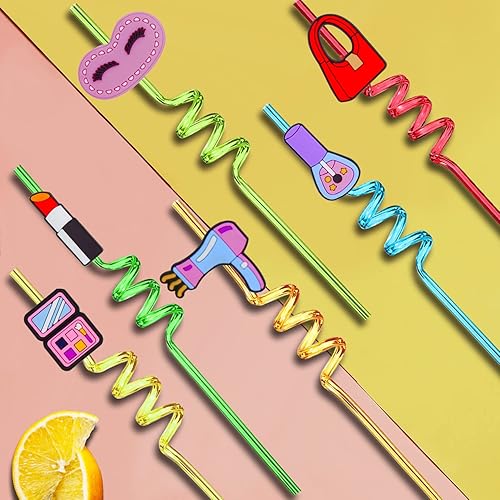 Miniatura 4 de 24 pajitas temáticas de maquillaje, 6 colores, popotes de plástico reutilizables para niñas, niños, bebé, spa, suministros de fiesta de cumpleaños,