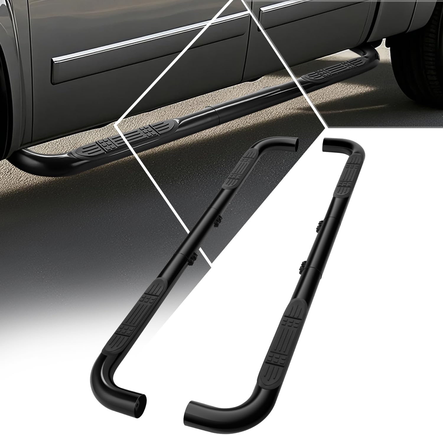 PM PERFORMOTOR Running Boards Compatible with 1999-2011 Suburban Tahoe Yukon Ram 1500 2500 3500 Sierra Silverado Extended Crew Cab, Mild Steel Nerf Step Bars, Powdercoated Black