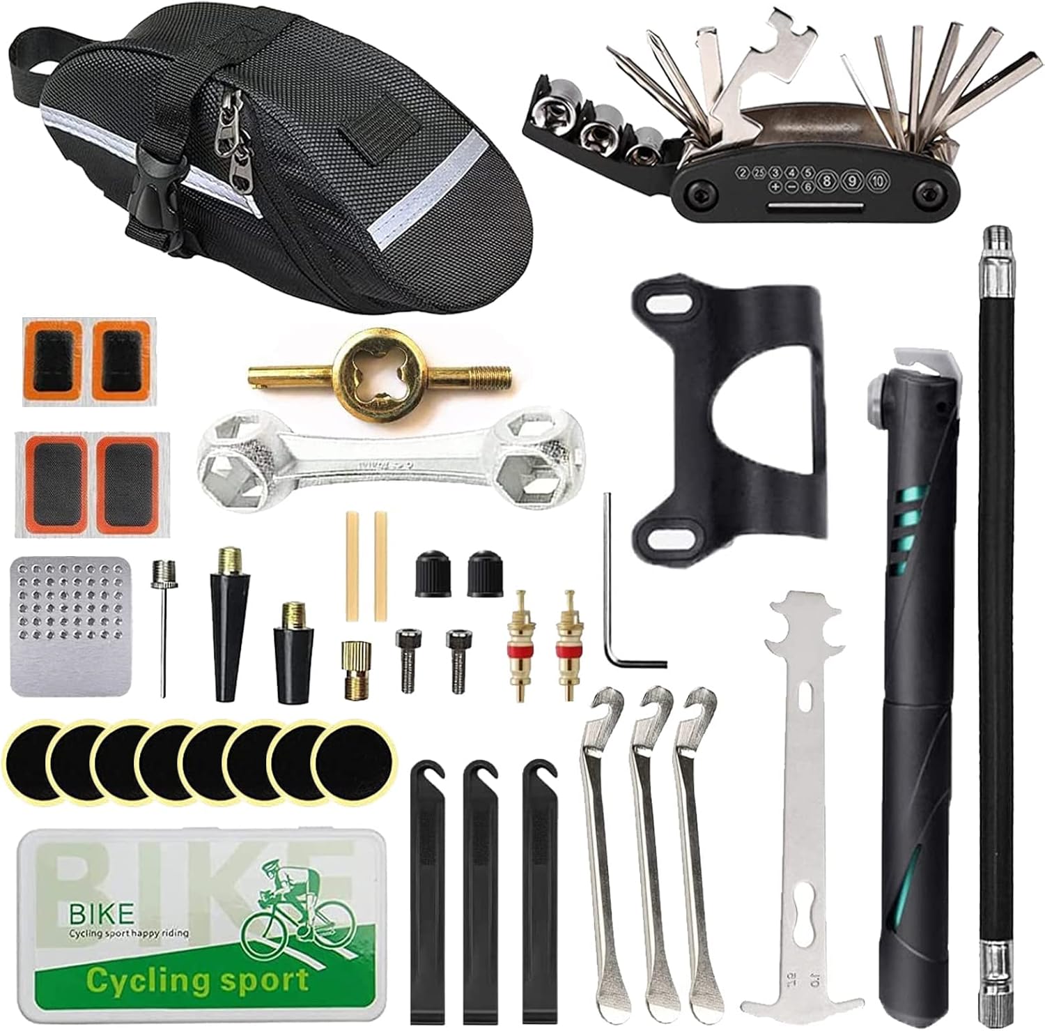 Bike Repair Kit, Home Bike Portable Patches Fixes Tool with Bicycle Repair Bag & Bicycle Tire Pump for Mountain Bike and Road Bike Camping Travel Essentials Tool Bag (Mini Pump: Blue)