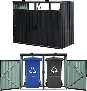 Outdoor Trash Can Storage,Metal Storage Shed,Outdoor Storage Shed for Garbage Cans, Garden Accessories, Backyard, and Patio Use, Lockable, Black