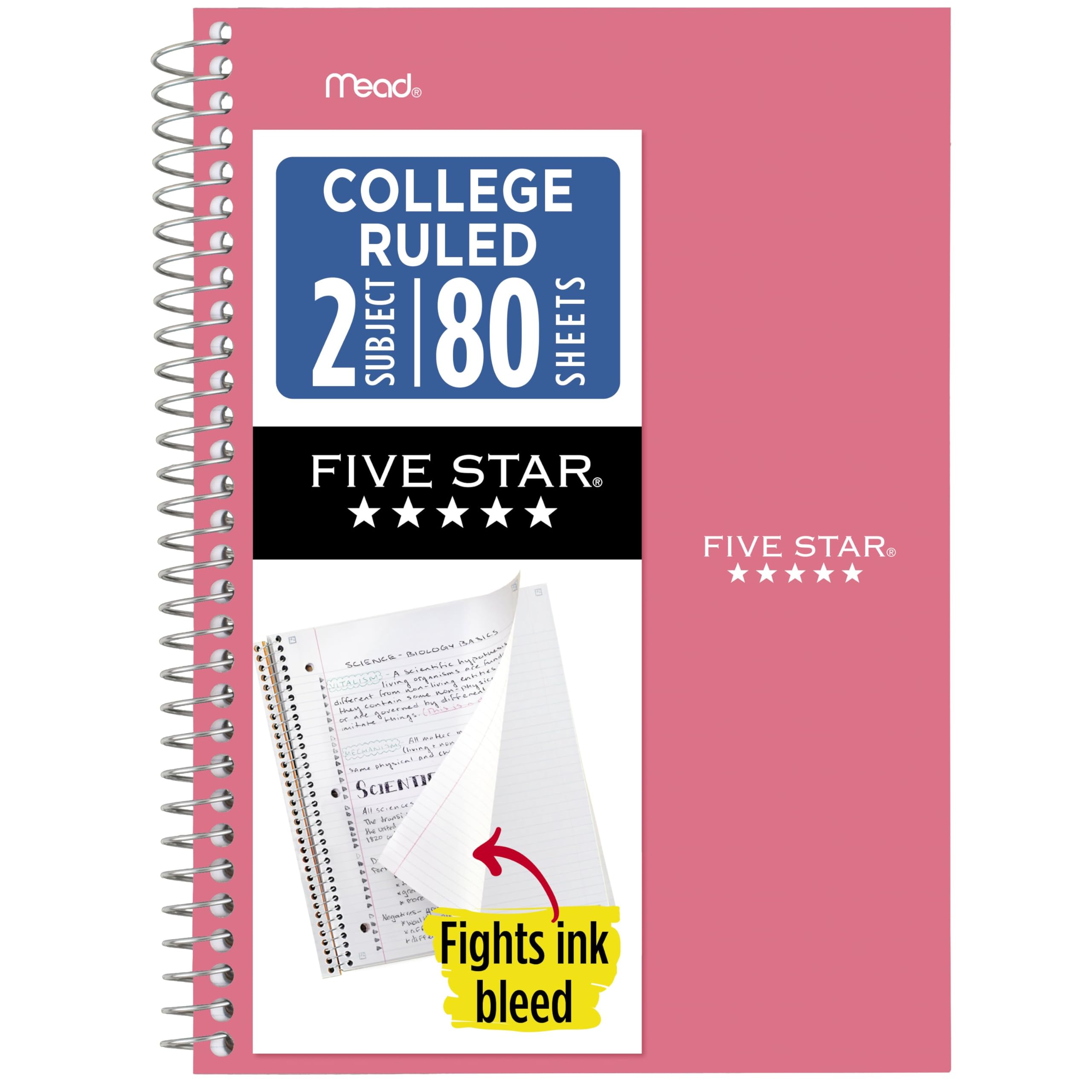 Five Star Spiral Notebook, 2 Subject, College Ruled Paper, 6" x 9-1/2", 80 Sheets, Fights Ink Bleed, Water Resistant Cover, Prom Pink (840029R)