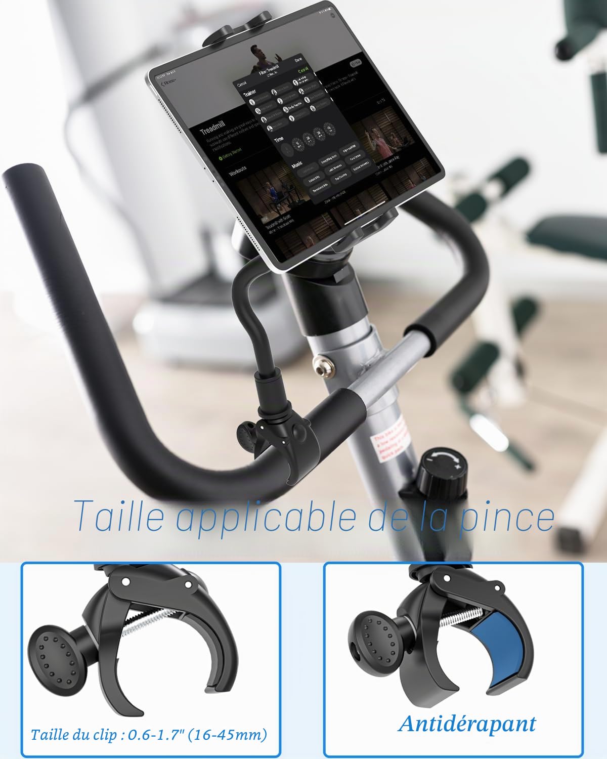 Support de tablette en col de cygne pour vélo d'appartement, tapis de course, multifonction, support de tapis de course intérieur spinning, pour téléphone portable et tablette de 4 à 12,9