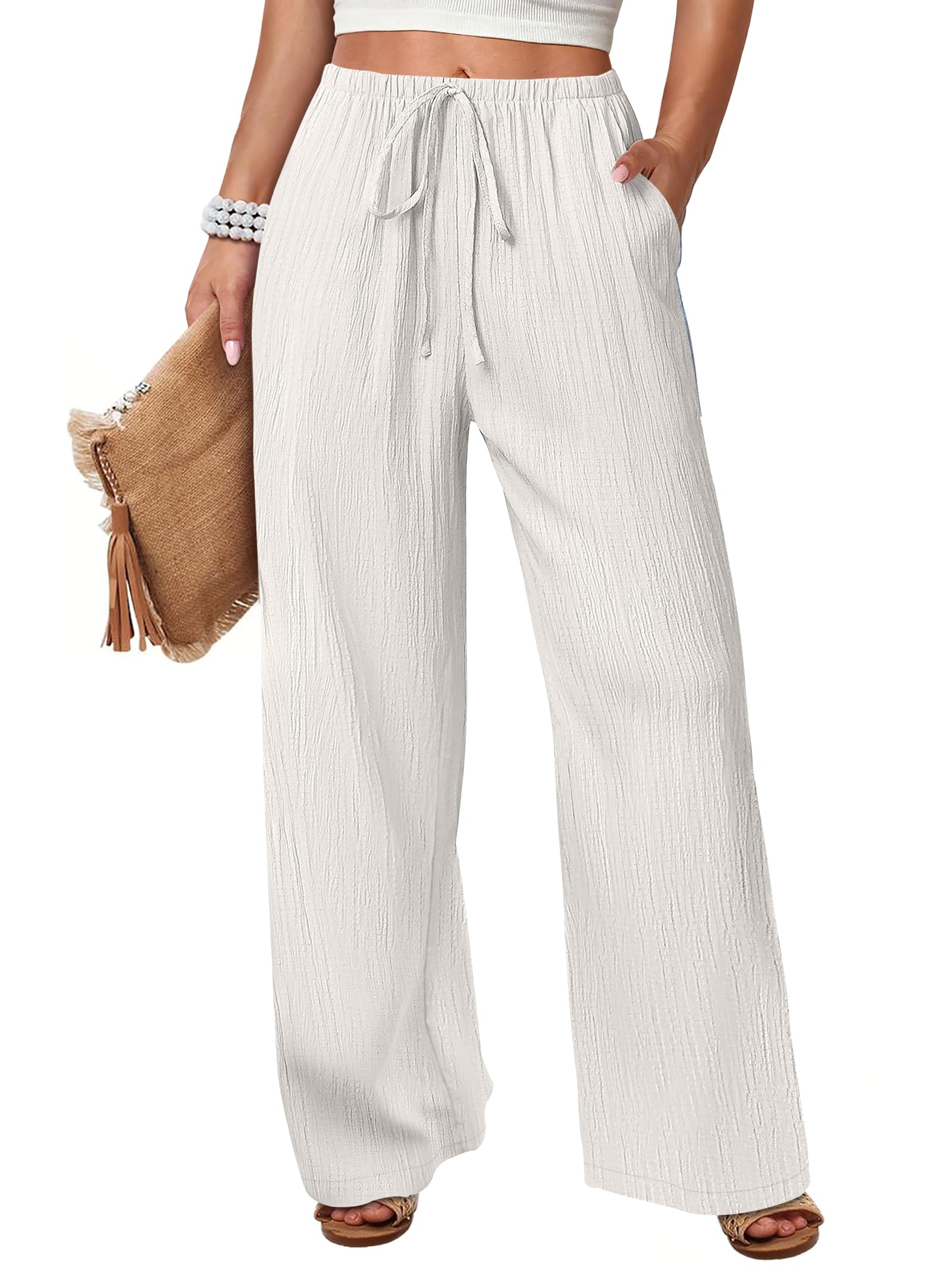 ANRABESS Women's Wide Leg Beach Pants Elastic Waist Lightweight Casual Flowy Palazzo Lounge Trousers with Pockets
