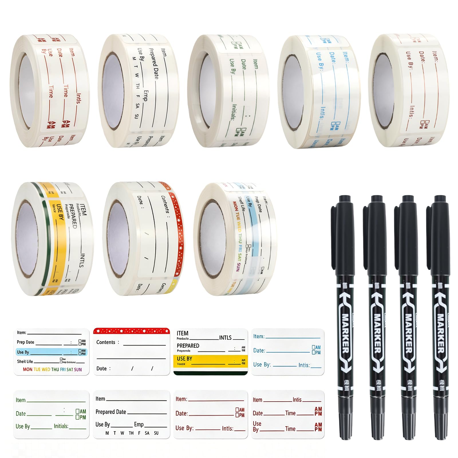 Rzspher 8 Rolls 4000 Pieces Dissolvable Food Labels, 1x2in Freezer Stickers, Include Four Black Water-Based pens for Home or Restaurant Food Containers