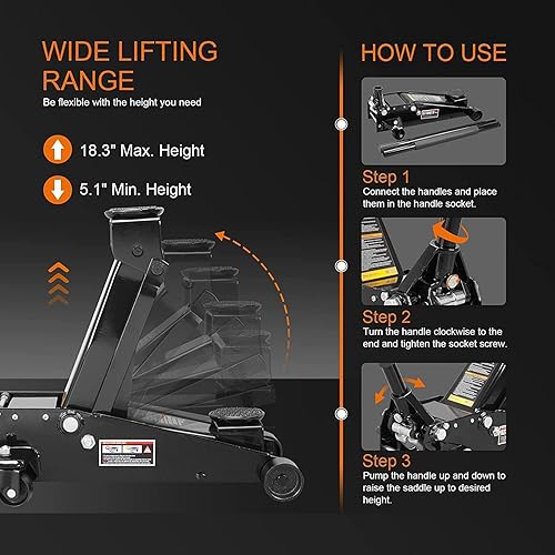 Miniatura 3 de BIG RED ATZ830023BR Gato hidráulico de acero resistente para serviciopiso con bomba de elevación rápida de doble pistón, 3 toneladas (6,000 libras),