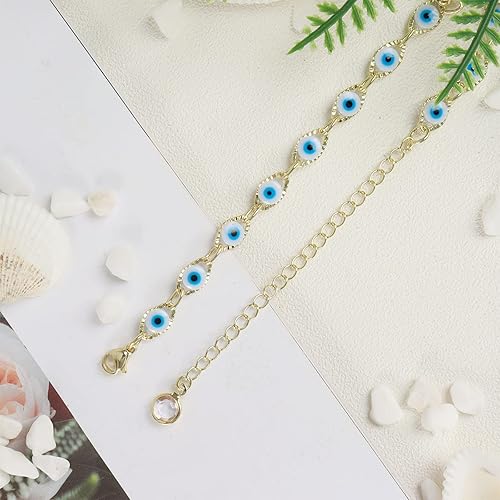 Miniatura 5 de HUASAI Pulsera de mal de ojo para mujer, delicada pulsera de ojo de la suerte chapada en oro de 14 quilates, bonita pulsera de cuentas para niñas