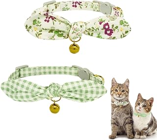 Bow Tie Cat Necklace with Bell, 2pcs Grid and Flower Pattern Leather Cat Bandana Collar Adjustable Refraction Kitten Necklace with Removable Bow Pink Girl Cat Collar (Green)