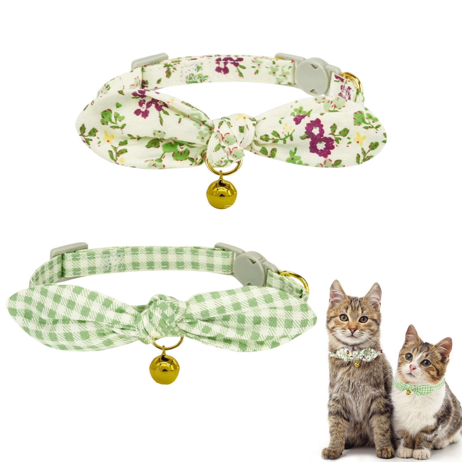 Collier chat avec nœud papillon et clochette vert en lot de 2 réglable