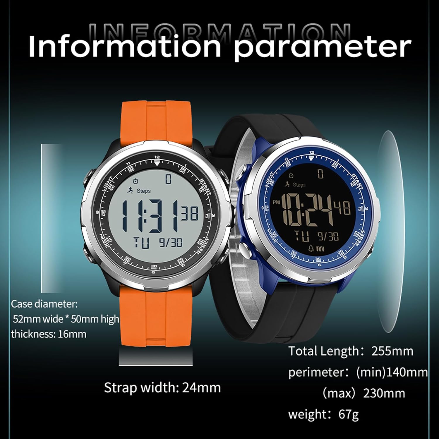 Two Findtime watches showing detailed dimensions like case width, thickness, strap width, and total length