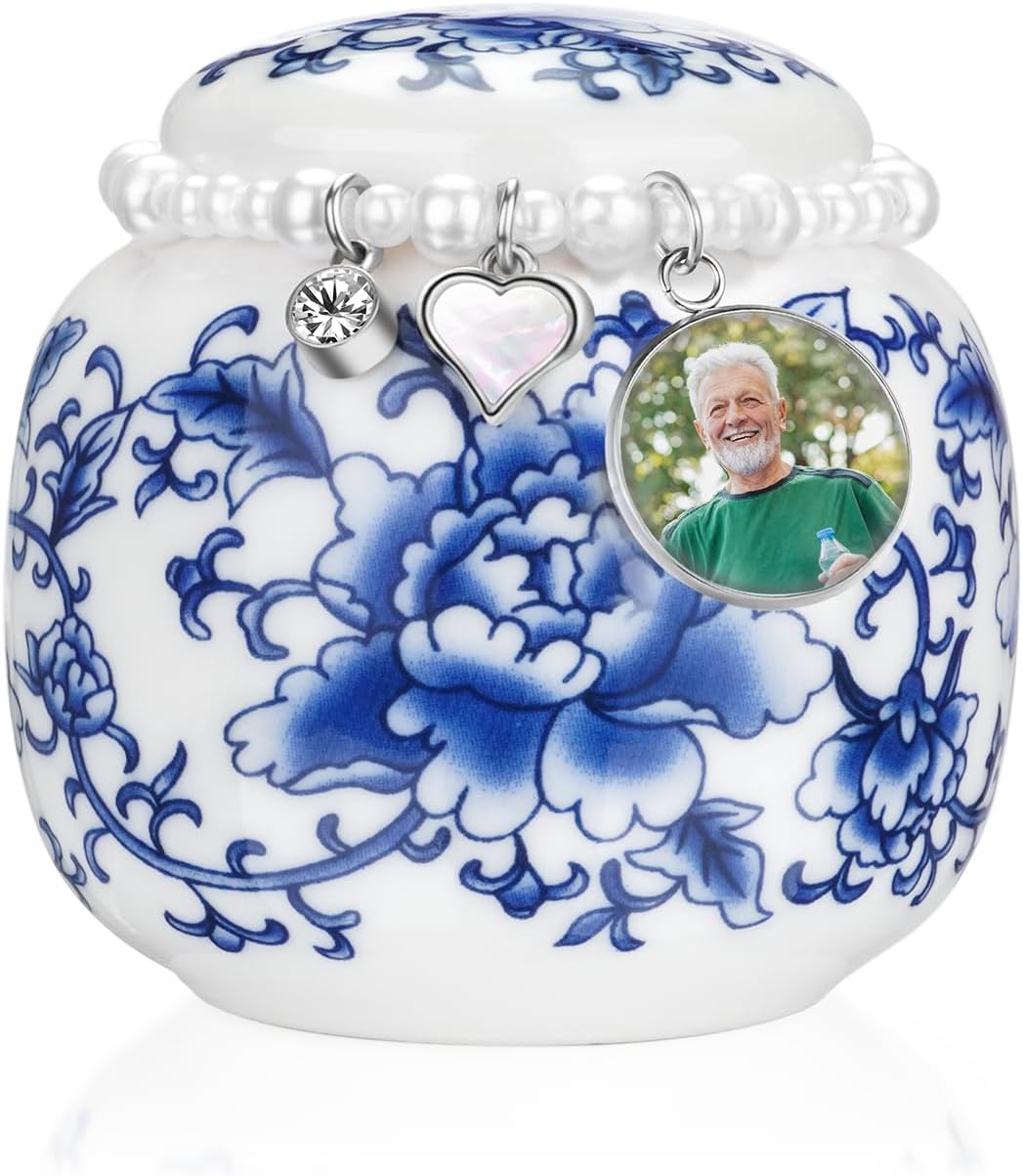 Abooxiu Customized Small Urns for Human Ashes Ceramic Mini Urns Blue and White Porcelain Cremation Keepsake Urn for Ashes with Decorative Bead and Pearl Charm Memorial Ash Keepsake for Loved Ones
