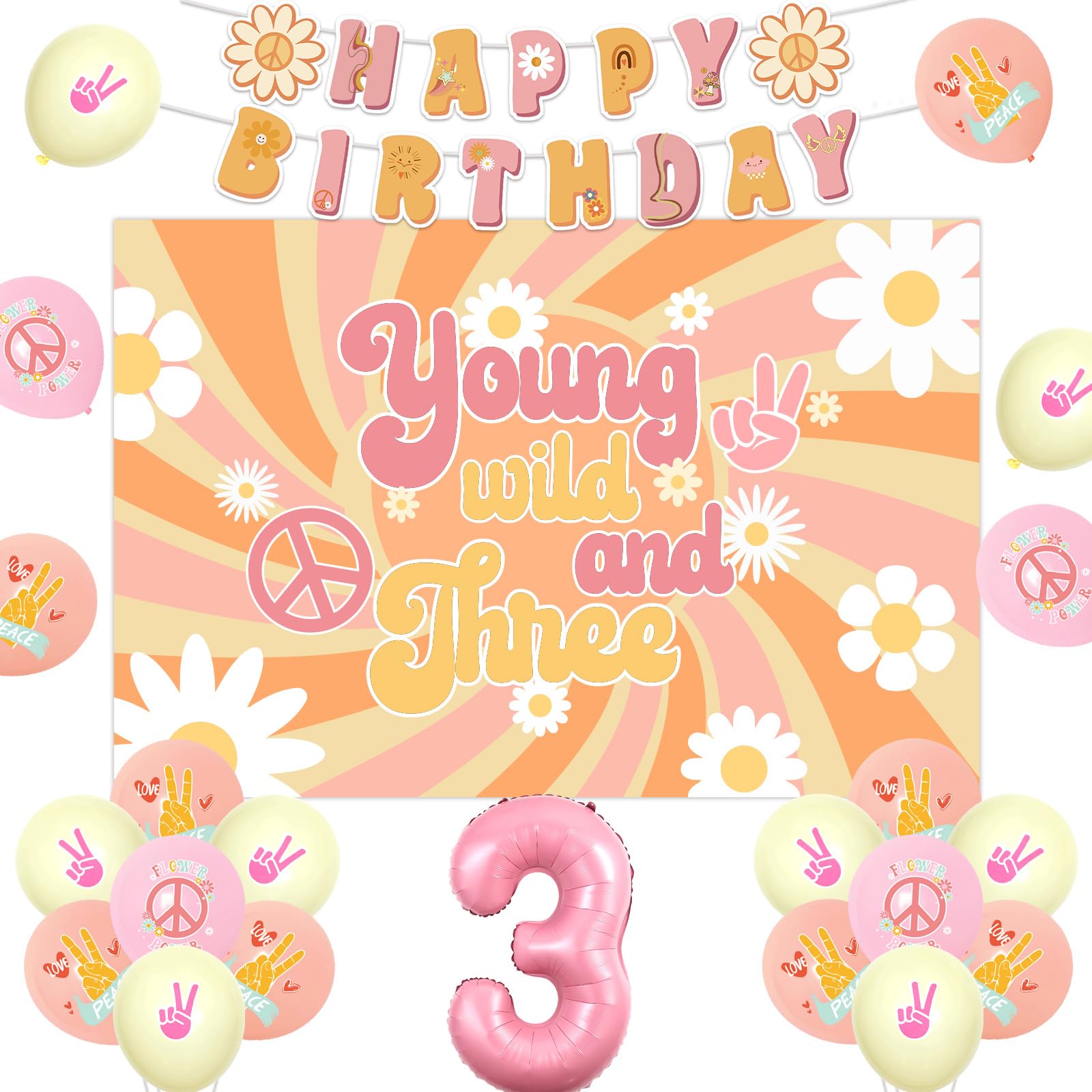 Jollyboom Groovy 3rd Birthday Decorations for Girls - Wild and Three Retro Hippy Boho Backdrop, Daisy Flower Power Pink 3 Foil Balloons for Third Party