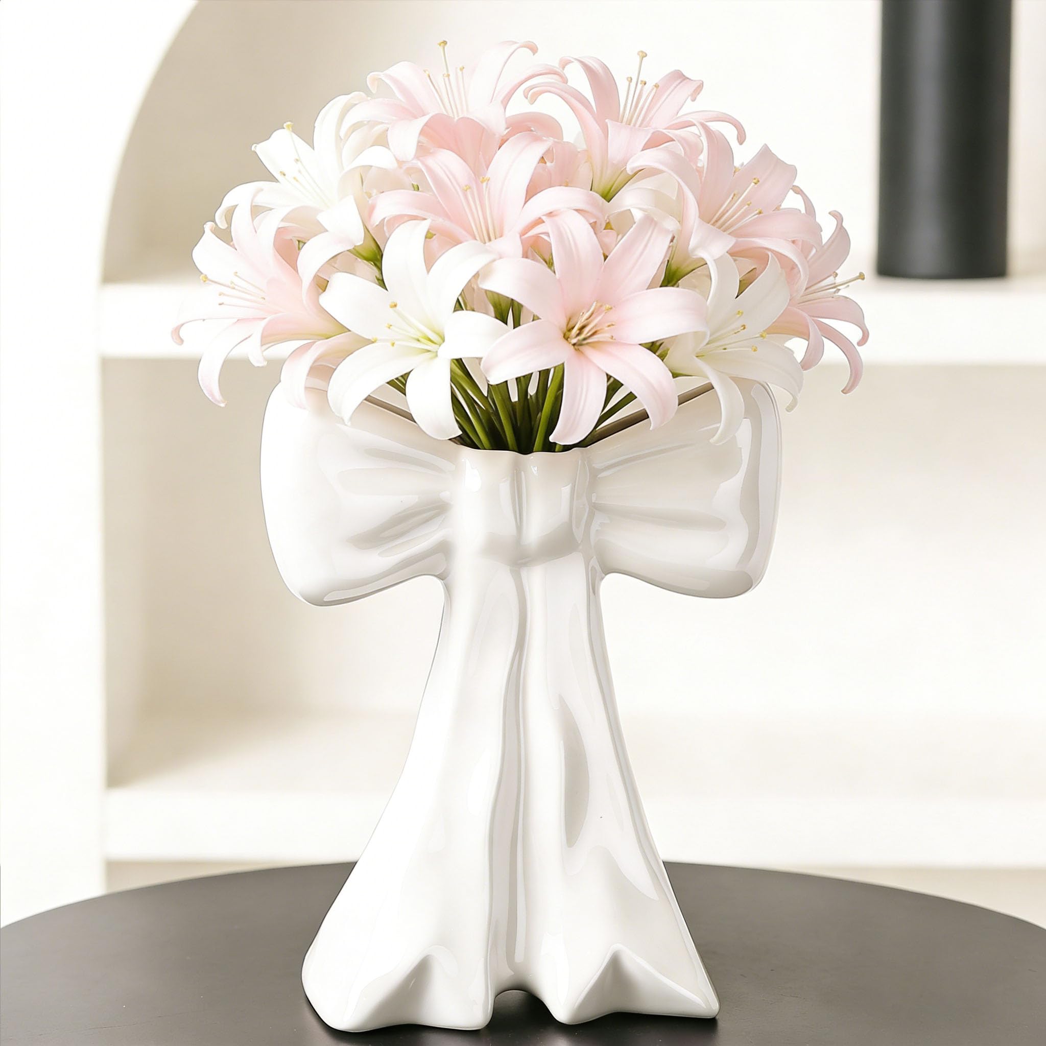 Disoza Schillerndes Schleife Weiß Vasen Tischdeko Keramik Modern Vase Vintage Vase für Pampasgras Blumen Trockenblumen Blumenvase Vasen für Hochzeit Porzelan Tulpenvase Küche Wohnzimmer
