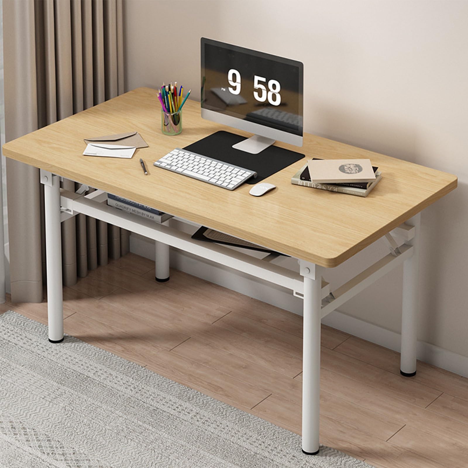 Tavoli Pieghevoli Per Sale Conferenze, Scrivania Mobile, Tavoli da Lavoro con Struttura in Metallo, Study Table con Doppio Ripiano per Piccoli Spazi, Senza Montaggio Richiesto(Beige,120x40x75cm/47x16x