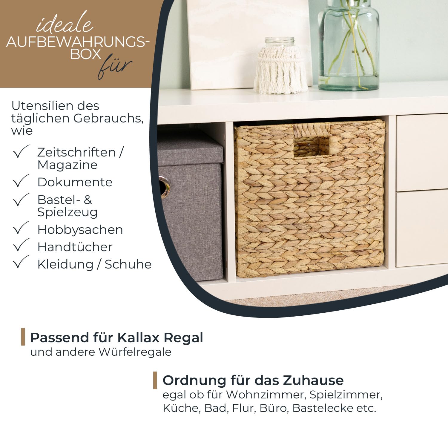 HMF Aufbewahrungskorb passend für KALLAX Regal, Korb geflochten aus Wasserhyazinthe mit Griffen | 4er Set | 32 x 34,5 x 32 cm | Natur
