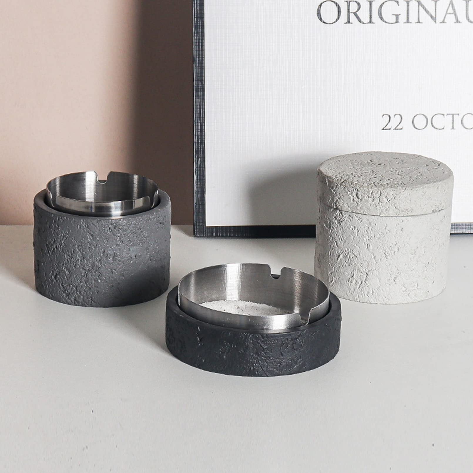 Cutfouwe Multifunktionaler Mülleimer Mit Deckel-Innenzylinder Aus Beton Und Metall - Φ11.5Cm X Höhe 5.5Cm,Schwarz
