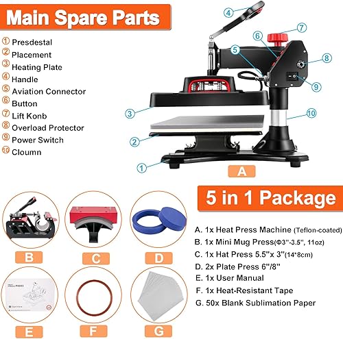 Miniatura 7 de AKEYDIY Pro Heat Press 5 en 1, máquina multifuncional de transferencia de calor de 15 x 12 pulgadas para camisetas, tazas, platos, gorras (rojo 05)
