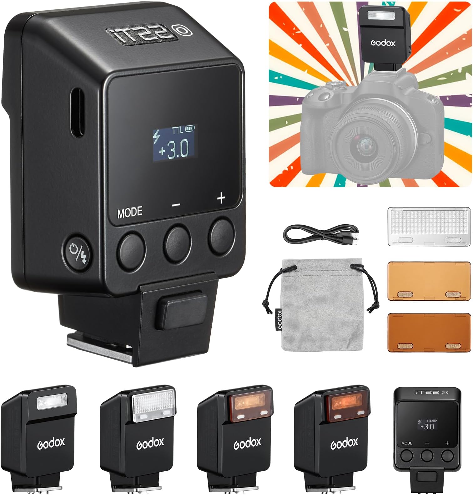 iT22-O TTL Hot Shoe Flash for Olympus Cameras, 2.4G Wireless On-Camera Speedlite with LCD Screen, Compatible with Godox X System, 1.5s Quick Recycling