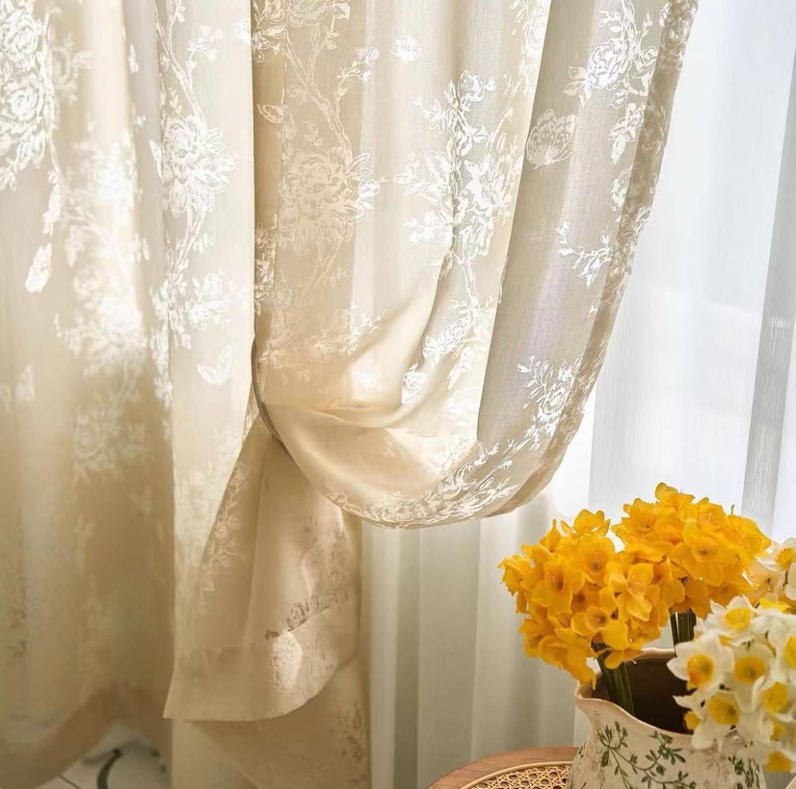 KnSam Rideaux Voilage Beige, 2 Pièces, Rideau Salon Imprimé Floral à Crochets, 132x274cm x 1pcs