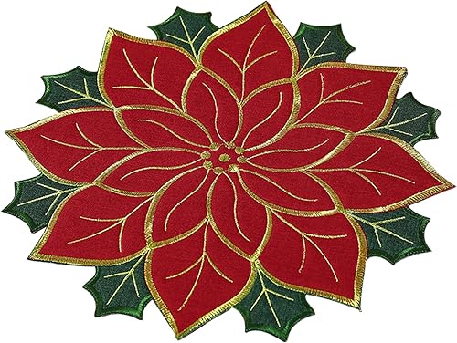 Manteles individuales redondos de Navidad de 15.7 pulgadas, mantel individual bordado de flor de pascua rojo y verde, manteles de mesa de Navidad