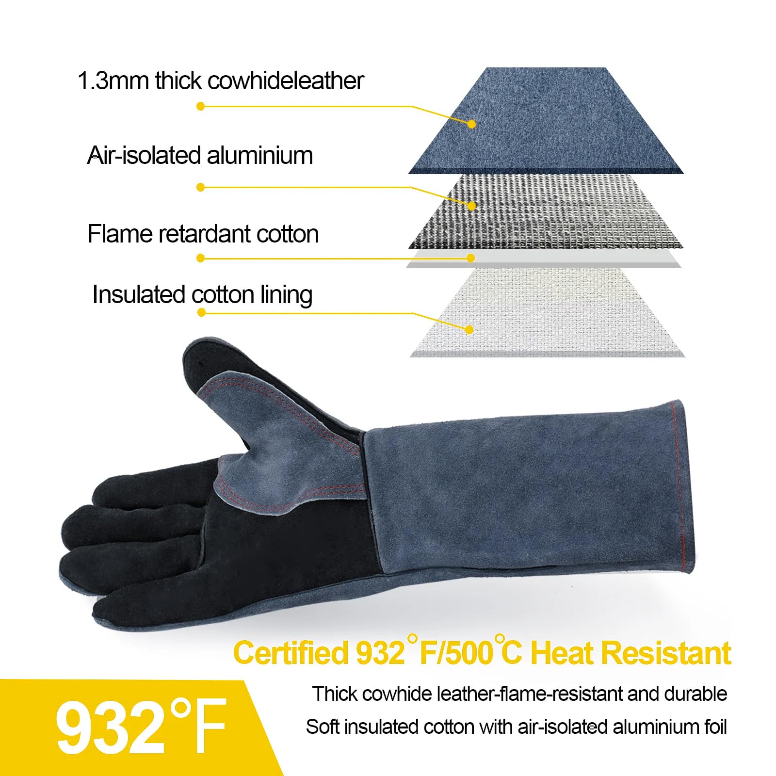 HZXVOGEN Gants de soudage résistants à la chaleur pour barbecue - 40,6 cm - 500 °C - Pour poêle à bois - Anti-aboiement - Anti-morsure - Taille unique pour homme et femme
