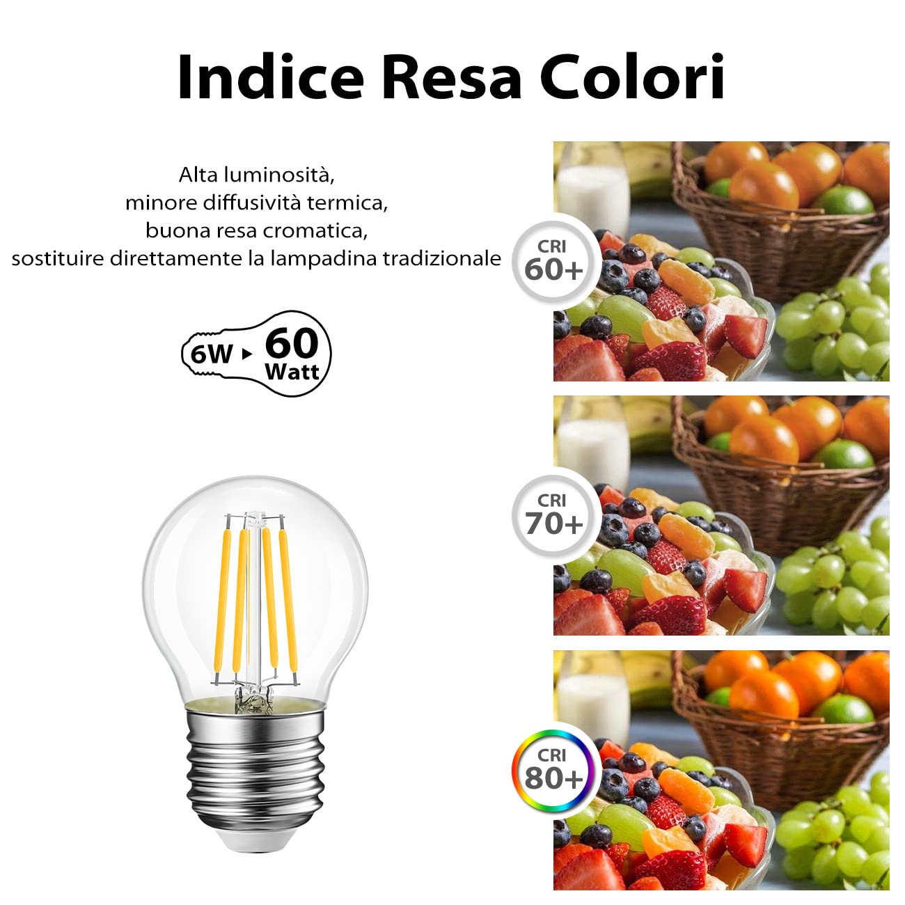 LVWIT Lampadine LED E27 Luce Calda 2700K, Lampadina LED Filamento 6W Equivalenti a 60W, 806LM, Lampadine Luce Calda, Mini Globo G45 Stile Vintage,Risparmio Energetico,Non Dimmerabile, Pacco da 6 Unità