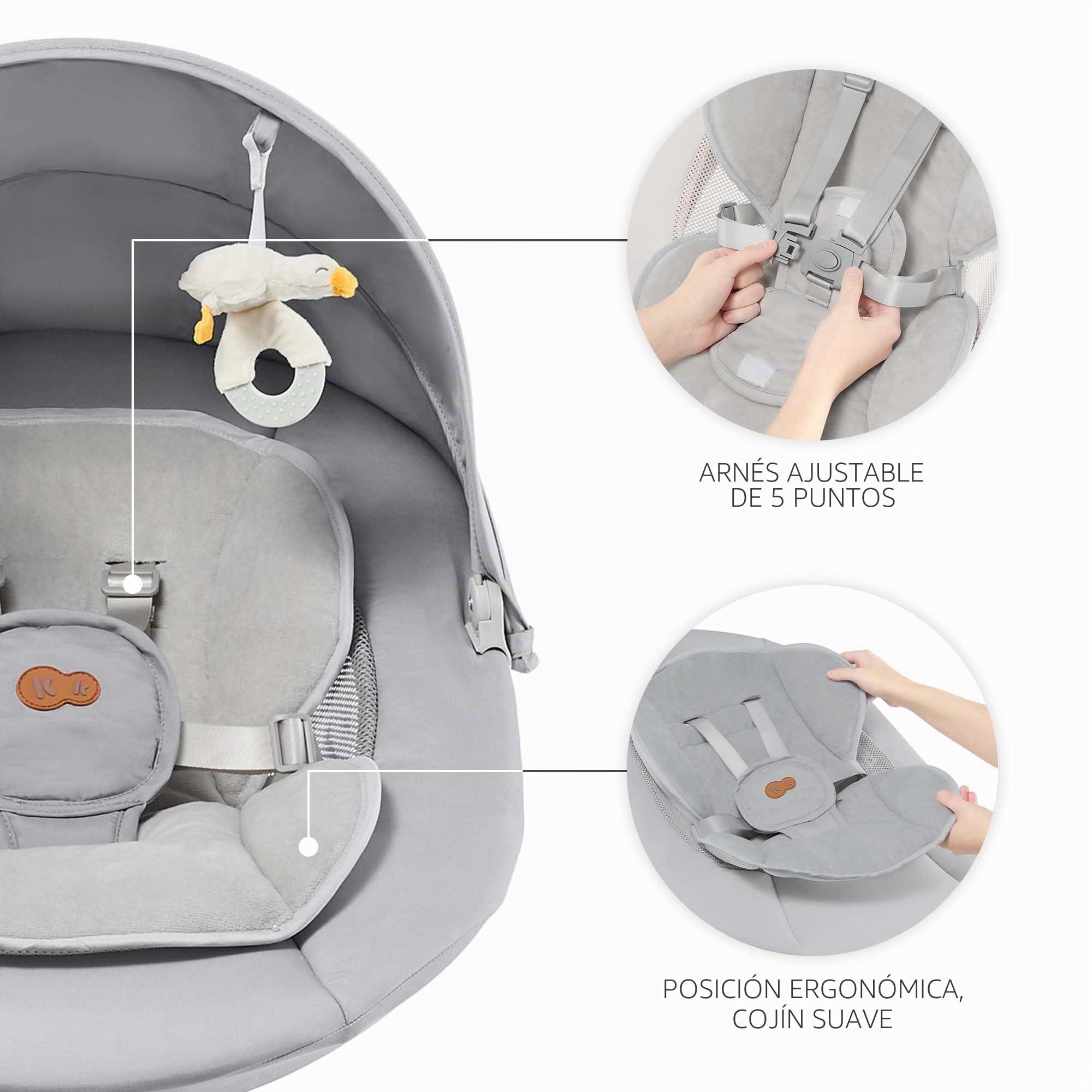 Kinderkraft TULSY Electric Hammock, 5 Intensity Levels, 12 Preset Melodies, Removable Toys, Adjustable, Lightweight, Bluetooth & USB, 5-Point Harness, Gray