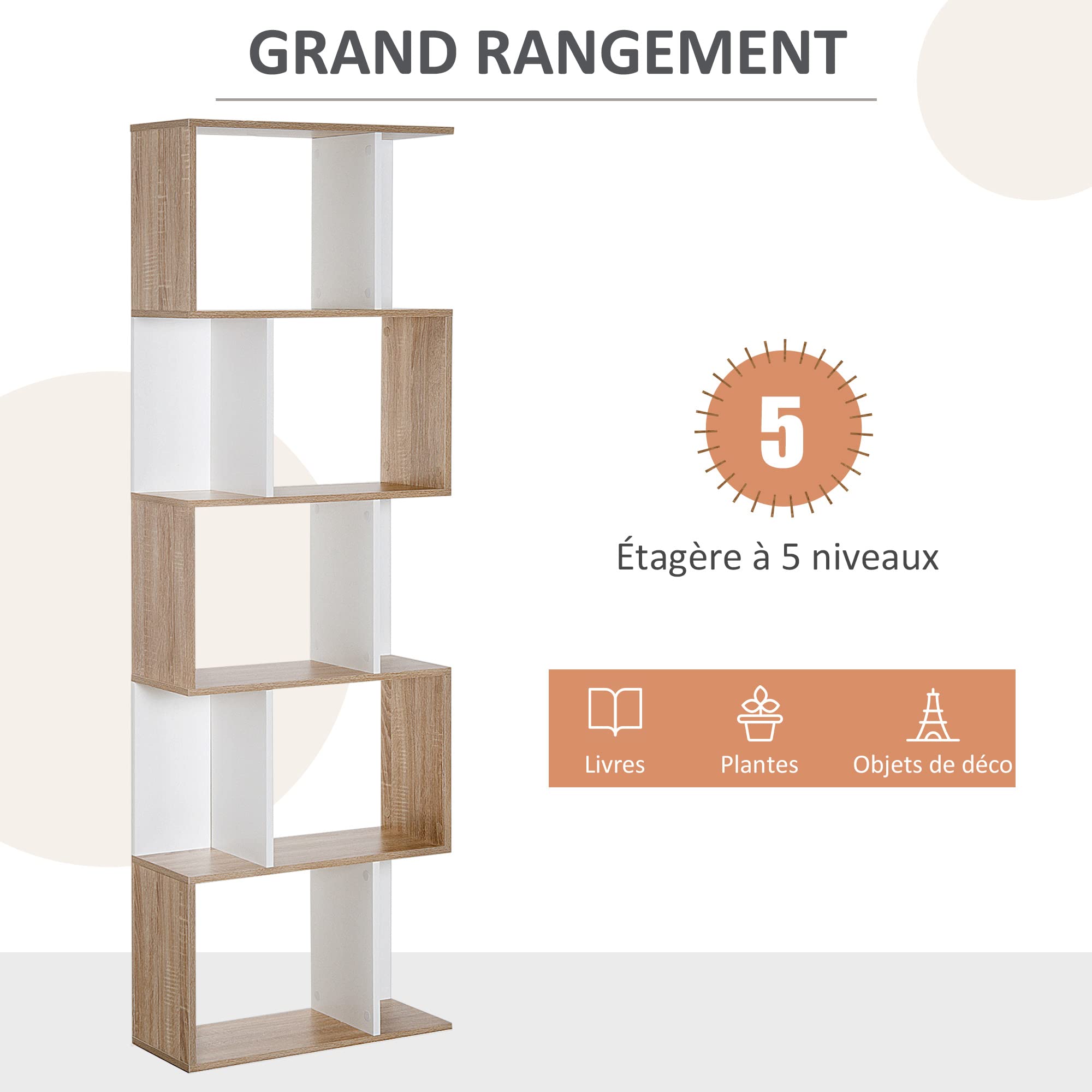 HOMCOM Bibliothèque à 5 Niveaux Forme S 60 x 24 x 184,5 cm Blanc | Meuble de Rangement avec Étagères, pour Salon Chambre Bureau, Étagère de Rangement, Bois de Chêne