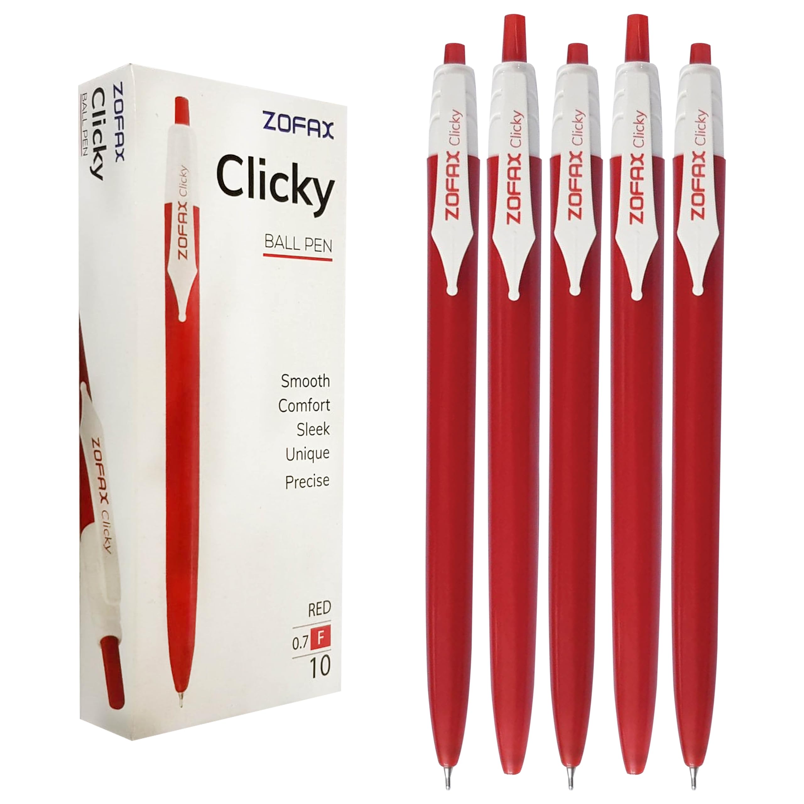 ZOFAX iClicky Retractable Ballpoint Pens, RED, Fine Point (0.7mm), Pack of 50, Retract Ball Pens, School Office Home Business Hospital Everyday Use