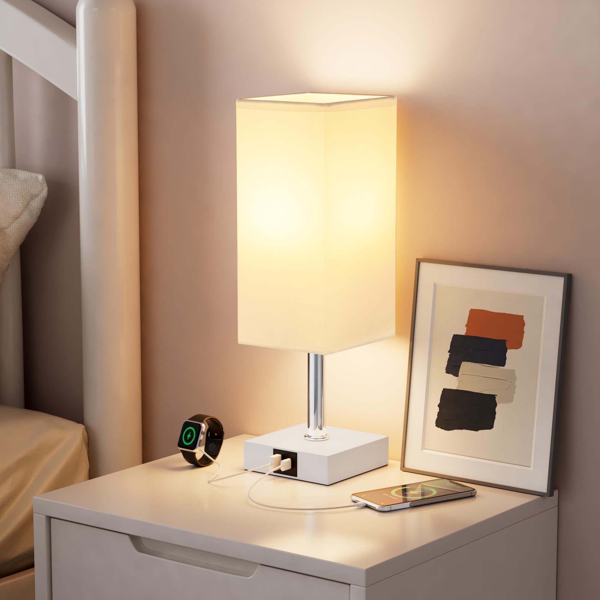 Ambimall Lampa stołowa ze sterowaniem dotykowym z portami ładowania USB A+C – 3-kierunkowe lampy dotykowe przy łóżku, lampka nocna do sypialni, salonu, przedszkola, żarówka LED w zestawie (biały