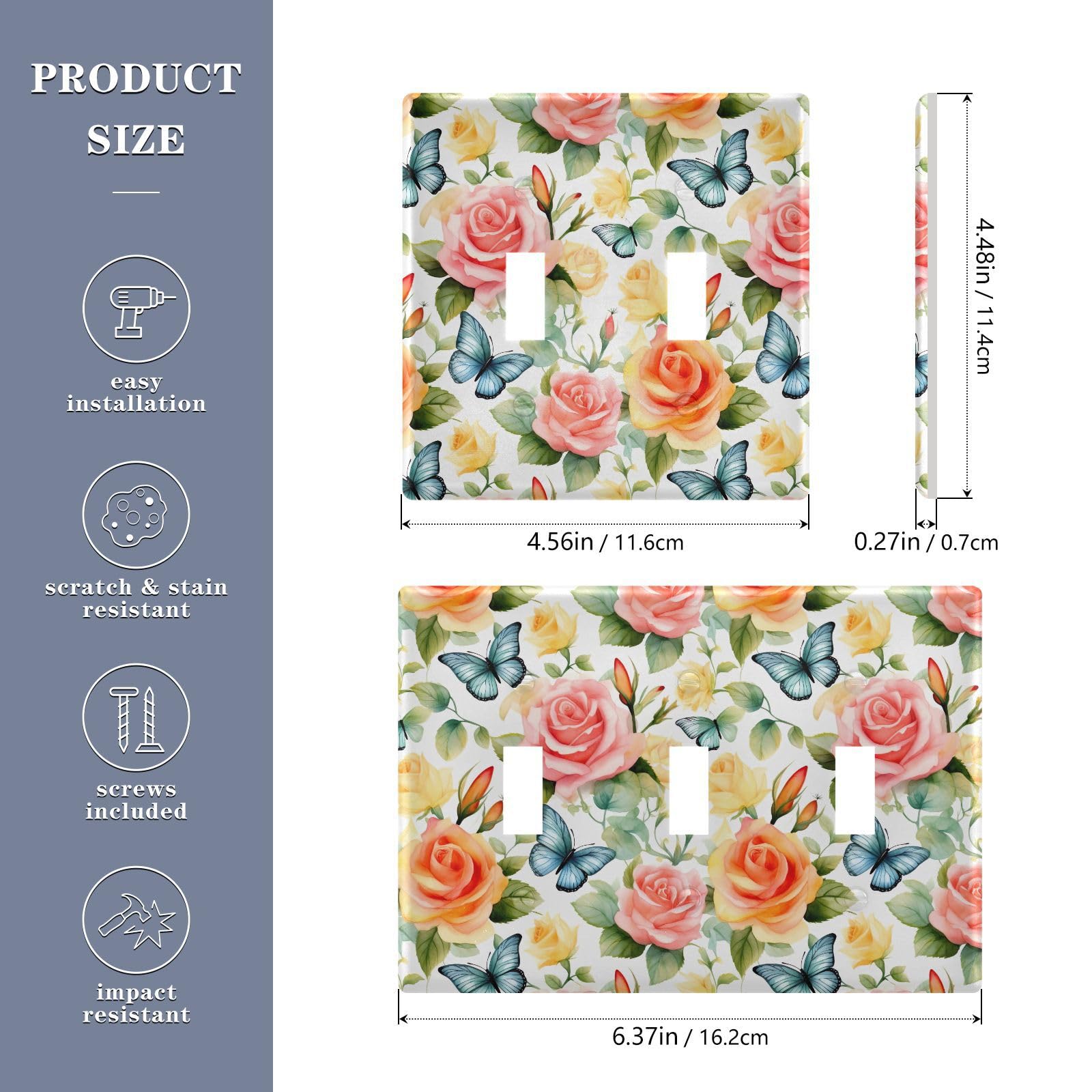 Light Switch Cover Butterfly Rose Floewr Spring Wall Plates for Electrical Outlets 3 Gang 202b3376
