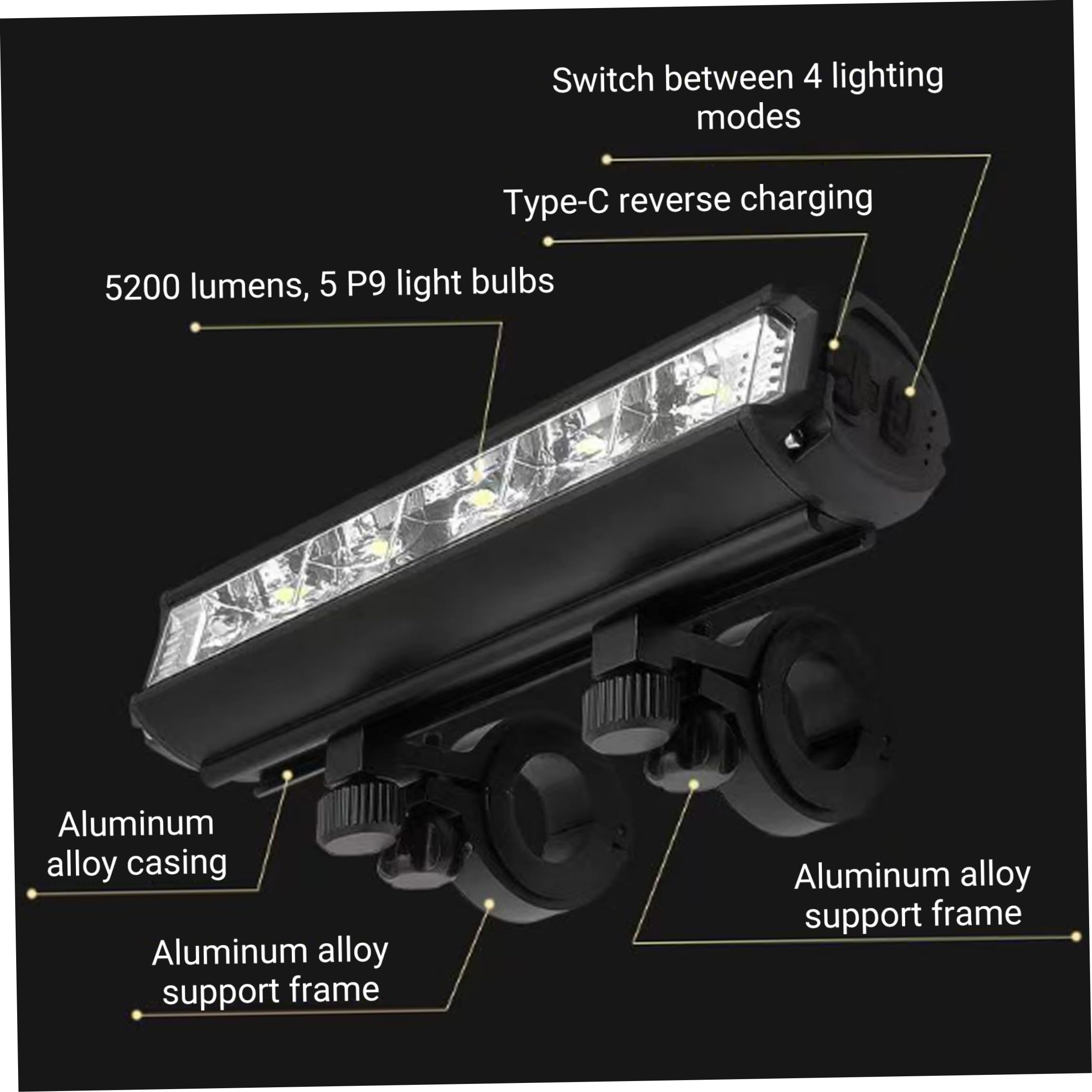 Luce anteriore per bici Confezione da 1, ricaricabile, nera, 7 pollici.. | Ultra luminoso da 20000 lumen, struttura in alluminio, ideale per la guida notturna
