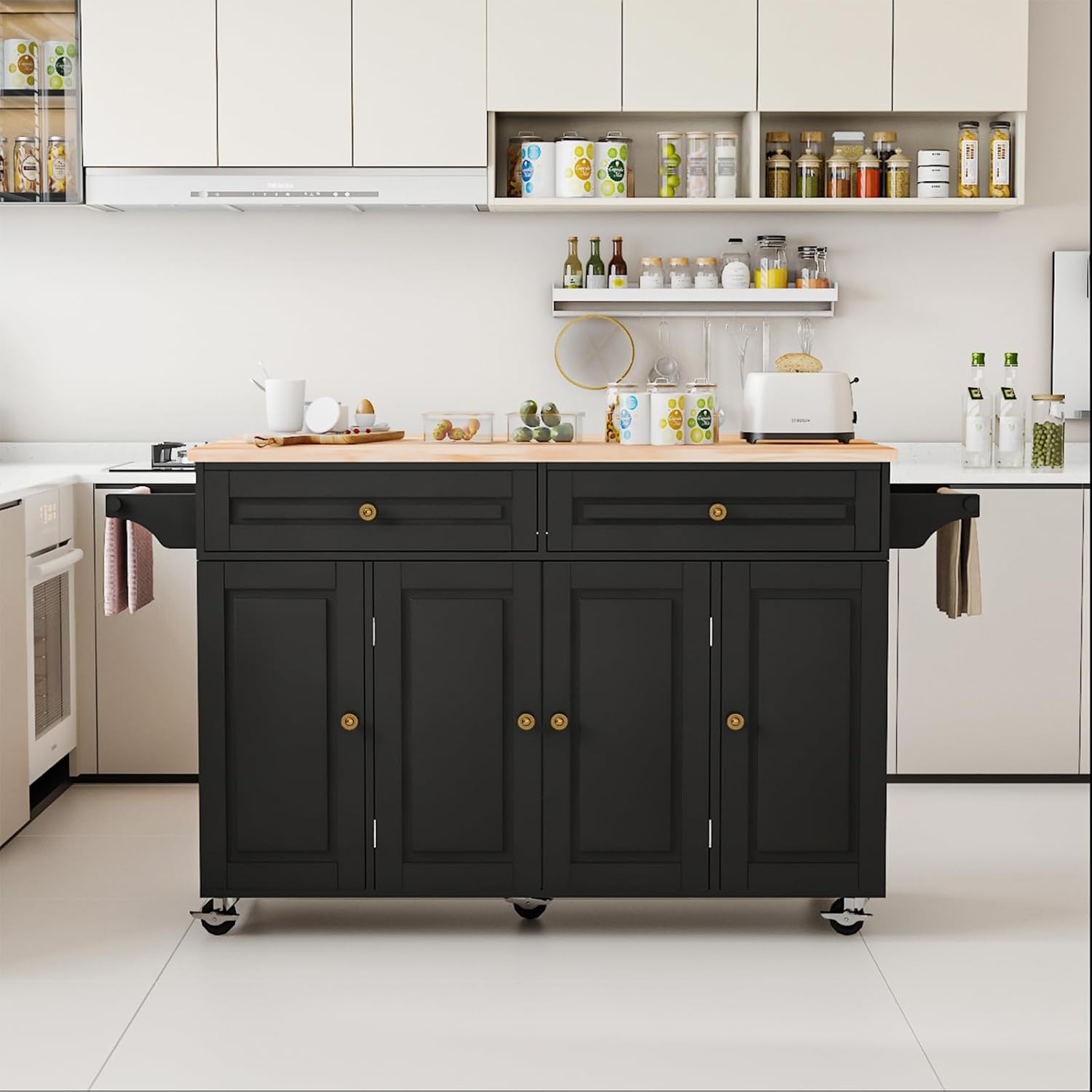 59 Kitchen Island Cart with Drop Leaf Breakfast Bar, Rolling Mobile Kitchen Island Table on Wheels with Storage Cabinet, Drawer, Spice/Towel Rack, Black