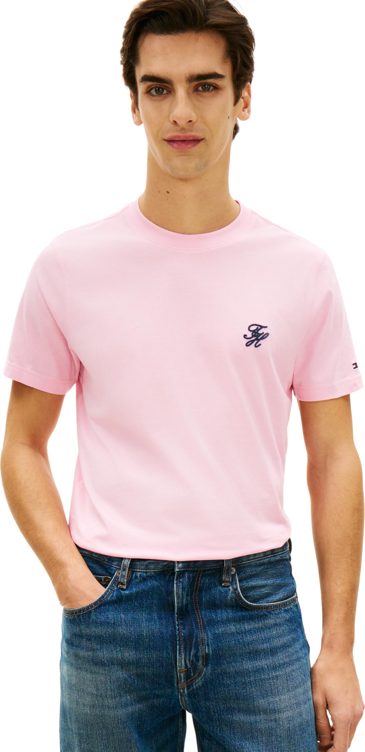 Tommy Hilfiger Men’s T-Shirt Short Sleeve Script Monogram in Cotton, Pink (Classic Pink), XXL