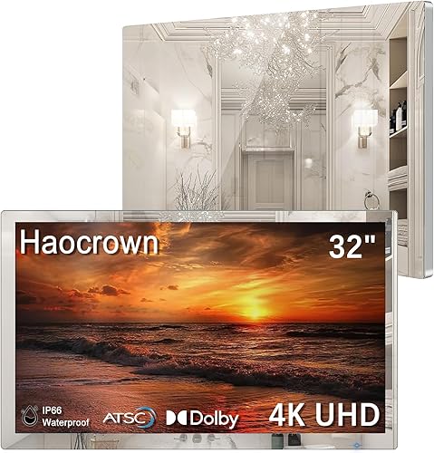 Haocrown Espejo de baño inteligente 4K Ultra HD de 32 pulgadas, resistente al agua IP66, asistente de voz integrado con sistema operativo Android 13