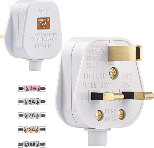 2 Pack 3 Pin Plug UK 13 Amp Plugs Fused Mains Plugs White Plug with 3A 5A 7A 10A 13A Domestic Fuses Kit
