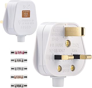 2 Pack 3 Pin Plug UK 13 Amp Plugs Fused Mains Plugs White Plug with 3A 5A 7A 10A 13A Domestic Fuses Kit
