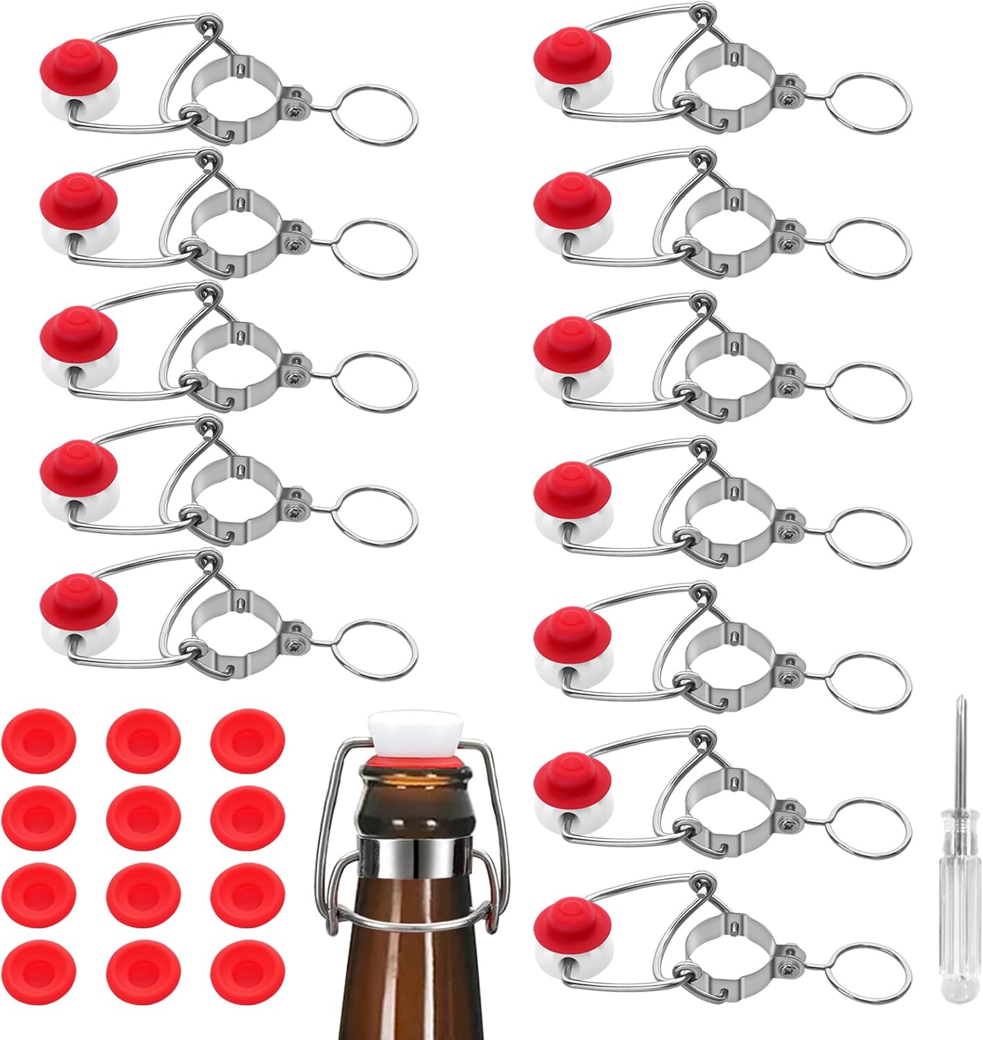 [12+12] 18mm Swing Top Glass Bottle Caps Flip Top Beer Bottle Cap Beer Bottle Airtight Lids Leakproof Easy Cap Swing Top Beer Bottle Cap 12 Swing Cap with Replacement Silicone Gaskets