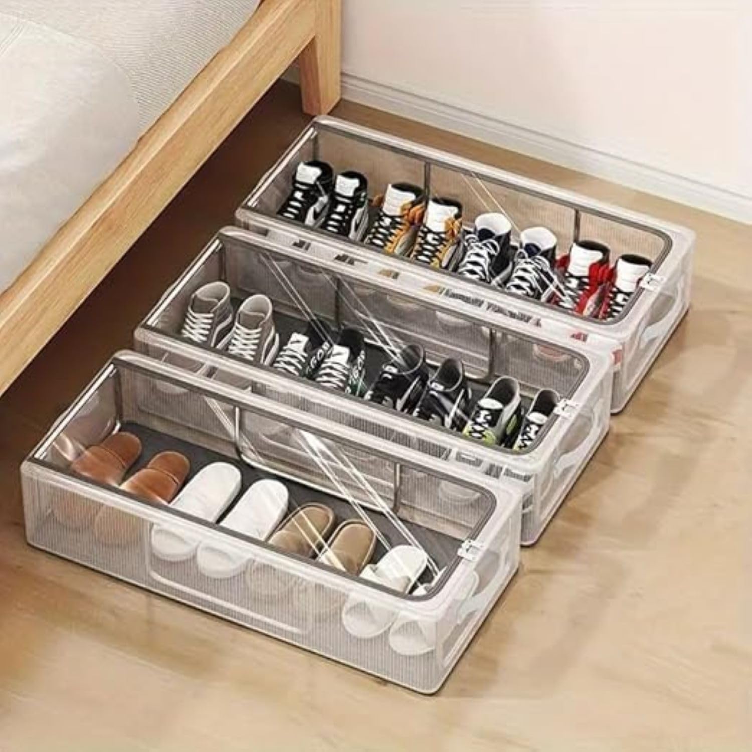 Shoe Storage Box with Transparent Cover & Dividers | Foldable, Dustproof, Under Bed Shoe Organizer for Sneakers, Heels & Sandals | Large Capacity Shoe Rack Box for Home & Closet(3 Box)
