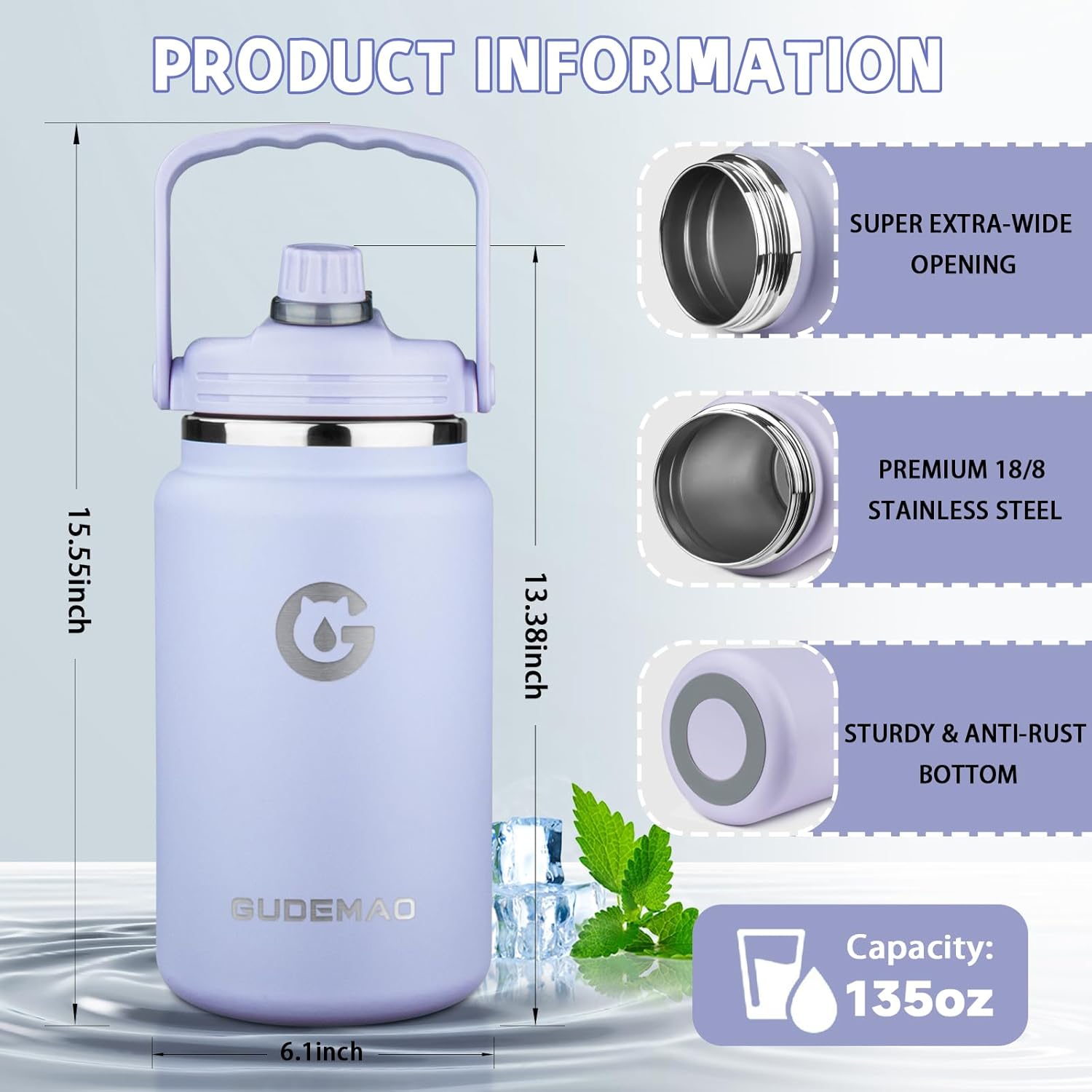 1 Gallon Insulated Water Bottle with Handle, 135 oz Double Vacuum Stainless Steel Water Jug for Hot & Cold Drinks, Leak-Proof Large Wide Mouth Water Flask for Travel, Gym, Biking (Light Purple) - Image 2