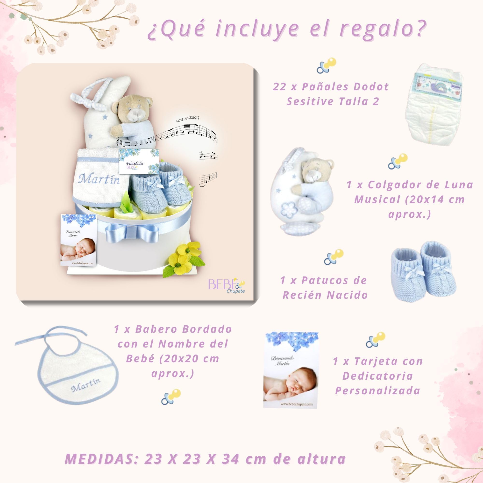 BEBÉCHUPETE Tarta de Pañales Personalizada DODO T - Canastilla bebe - Regalo bebe recien nacido niño/a - Cesta bebe recien nacido niño - Regalos para bebes recien nacidos (Azul)