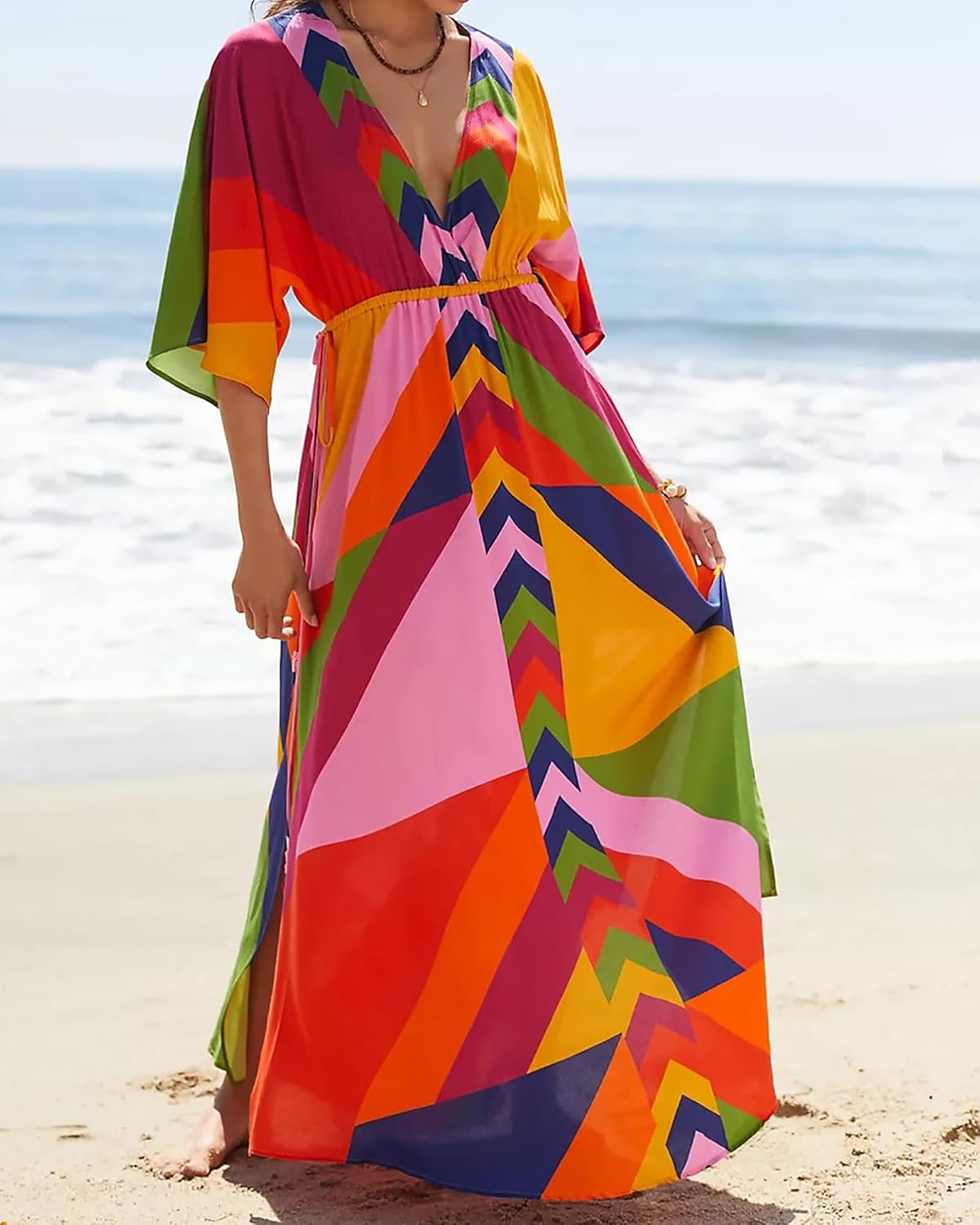 Bsubseach Kaftan Dresses for Women Bathing Suit Cover Up Beach Caftan with Drawstring - Image 4