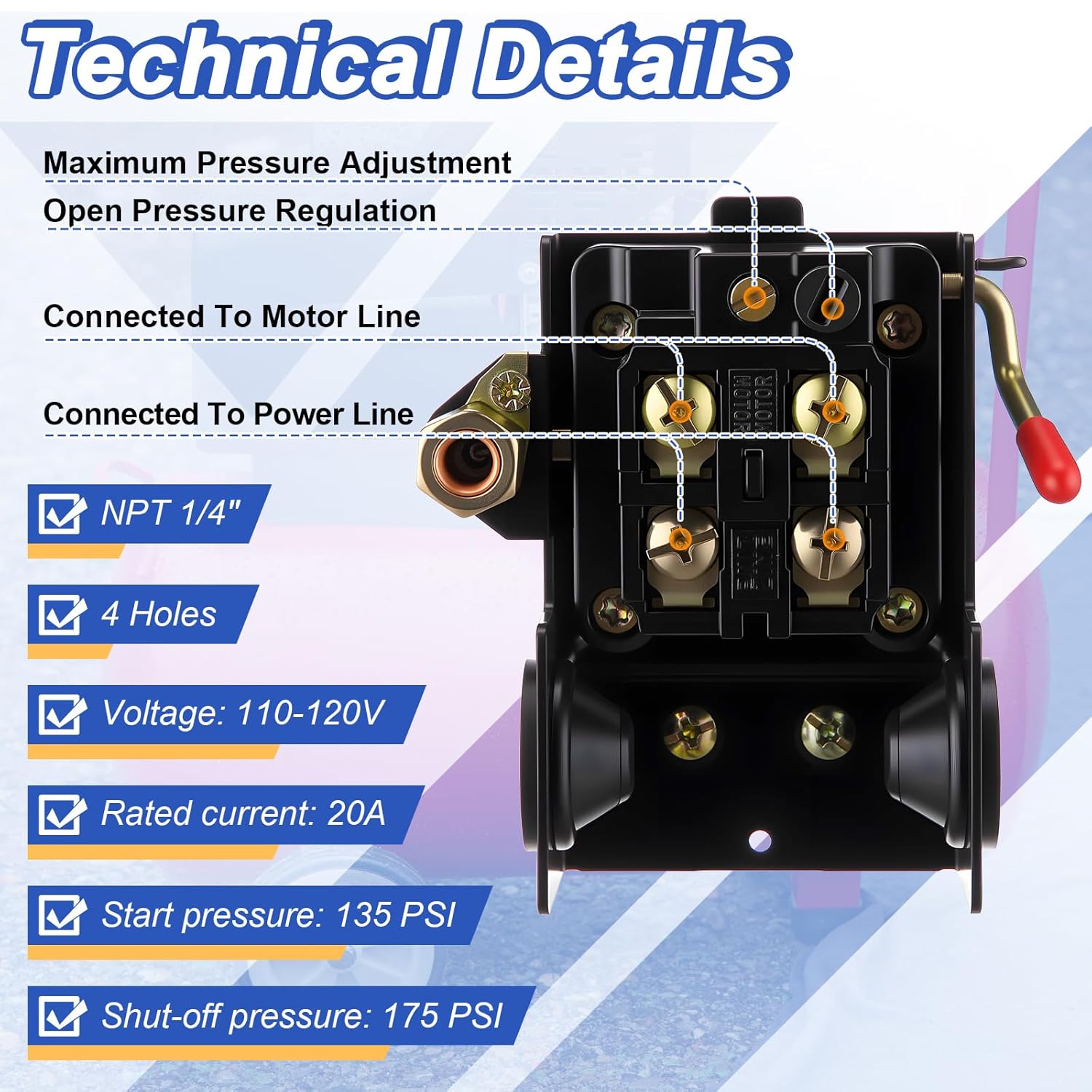 Dreyoo Air Compressor Pressure Switch 135-175 4-Port 20 Amp with 0-200 PSI Gauge, 200 PSI Safety Relief Valve, with Plug & Fitting Kit, 1/4" NPT Replacement Pressure Switch Parts for Air Compressor